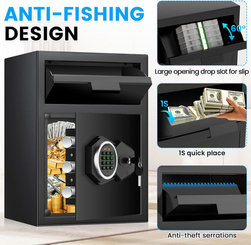 2.6 Cub Drop Safe for Business, Quick Place Safe with Drop Slot, Digital Backlit Combination Lock and Backup Key, Alarm & Mute System, Anti-Theft Money Deposit Safes for Cash Slip Business Office Home